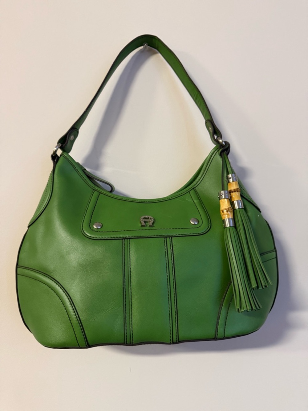 Etienne Aigner Green Leather Shoulder Bag with Tassel Charm